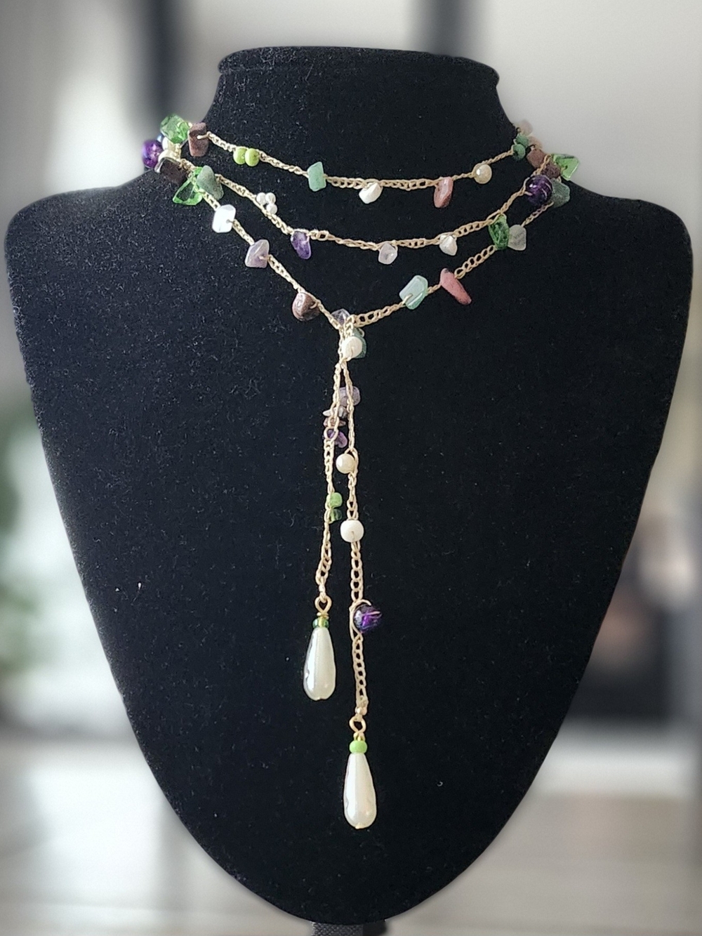 Multi-Stone Gold Lariat Necklace Multicolor Crochet Wrap Necklace Pearl Drops